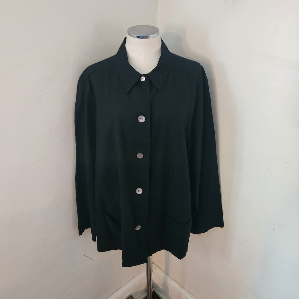 Linden Hill Womens 2X Black 100% Silk Button Down Shirt Textured Blouse Pockets